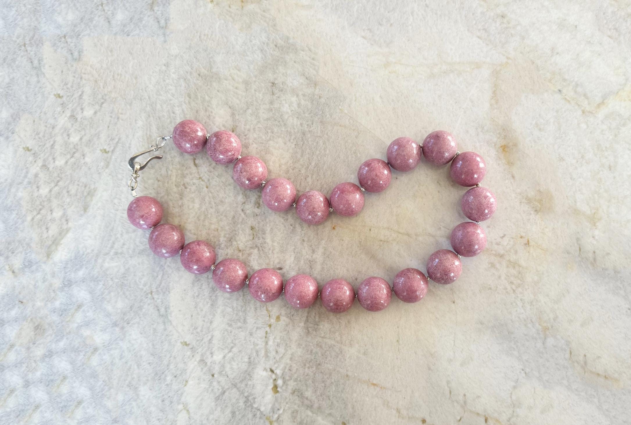 Pink Rhodonite Necklace - 18mm Sterling Silver Handcrafted Pink Rhodonite Necklace - 18mm Sterling Silver Handcrafted