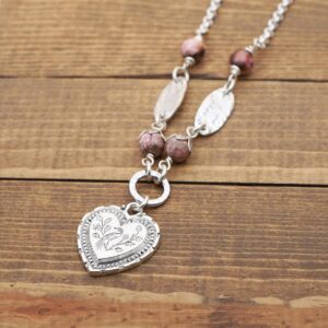 Pink heart necklace with rhodonite stone beads and silver tone chain, 19 1/2 inches long