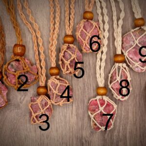 Raw Rhodonite Macrame Knotted Net Cotton Necklace Compassion, Love (Brazil)