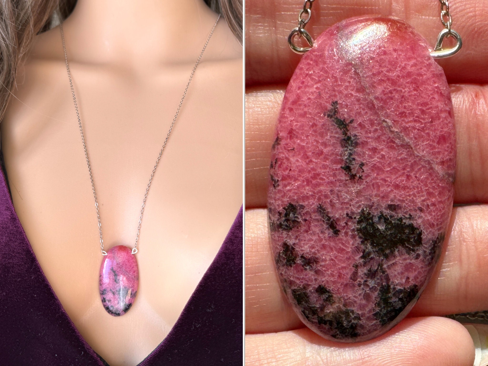 Raw Rhodonite Necklace, Statement Necklace, Raw Pink Crystal Necklace, Heart Chakra Healing Crystal, Rhodonite Crystal Necklace Exact Stone