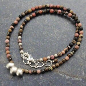 Silver Teardrop Rhodonite Necklace: Faceted Pink & Black Bead, Minimalist