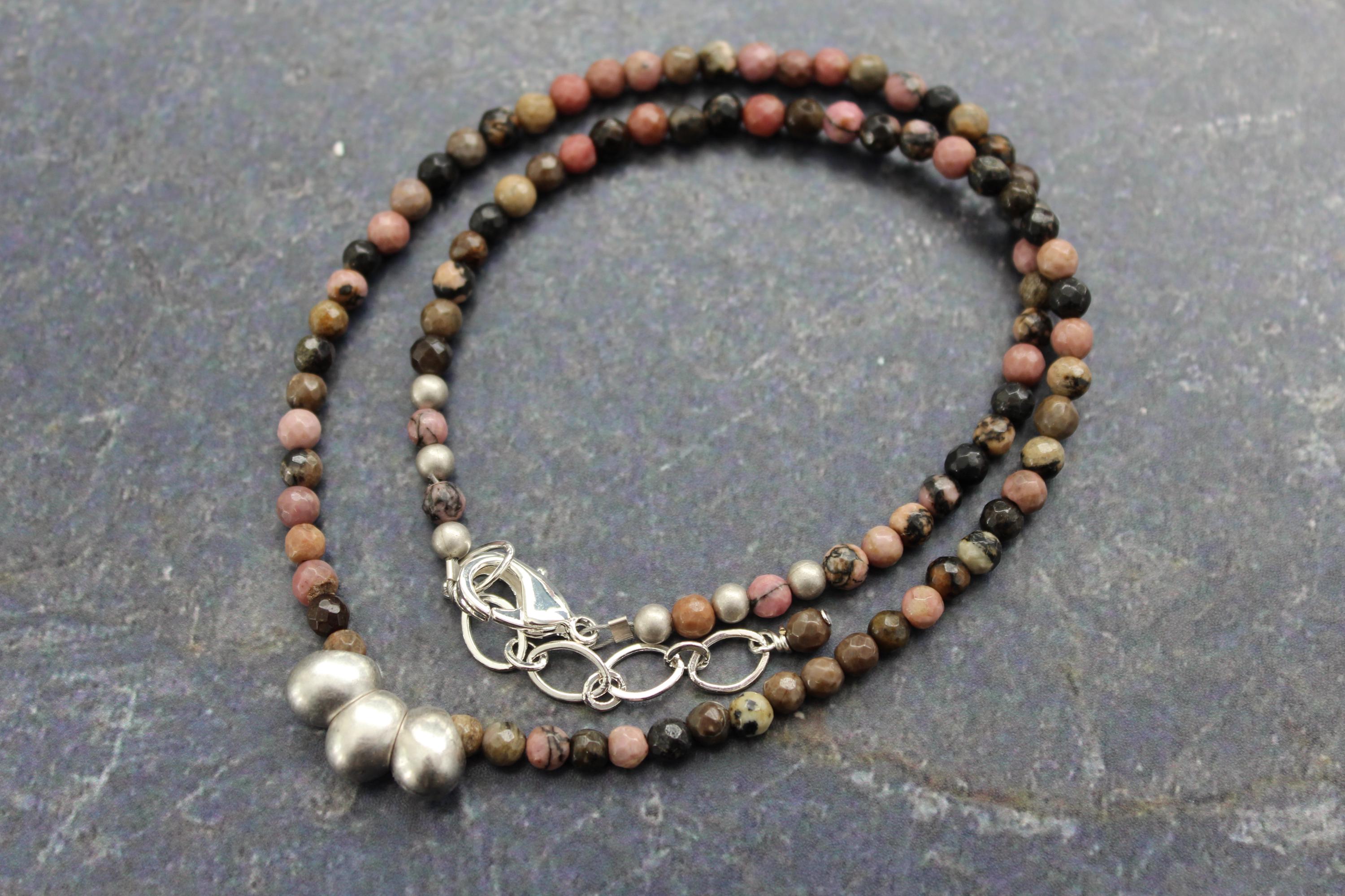 Silver Teardrop Rhodonite Necklace: Faceted Pink & Black Bead, Minimalist