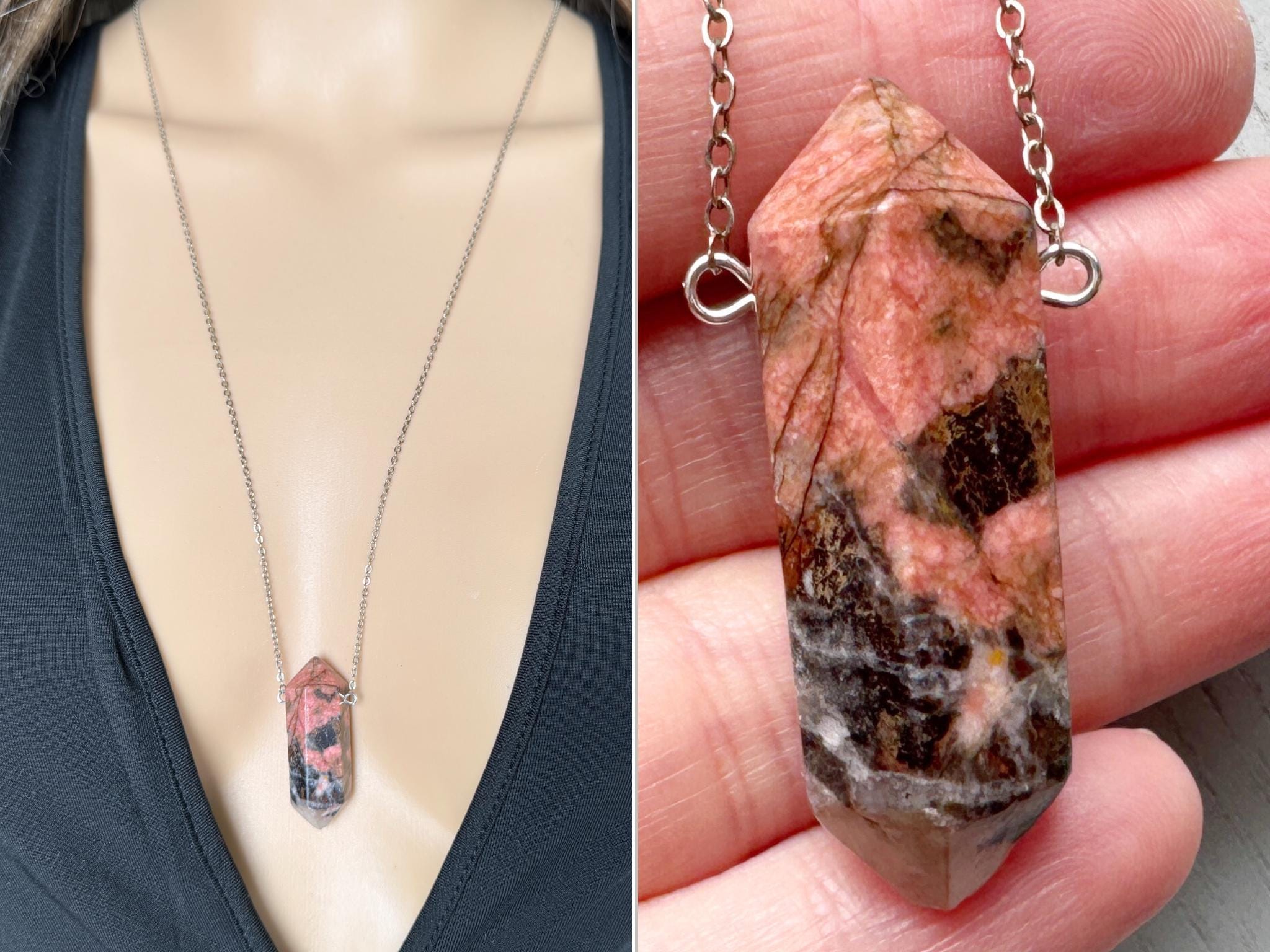 Rhodonite Necklace, Statement Necklace, Raw Pink Crystal Necklace, Heart Chakra Healing Crystal, Rhodonite Gemstone Necklace Exact Stone