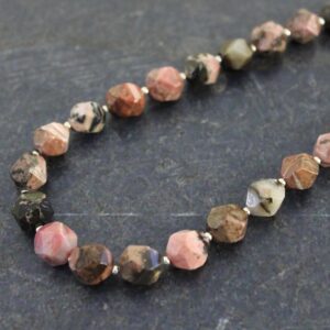 Rhodonite & Sterling Silver Beaded Necklace - Pink Black Matrix