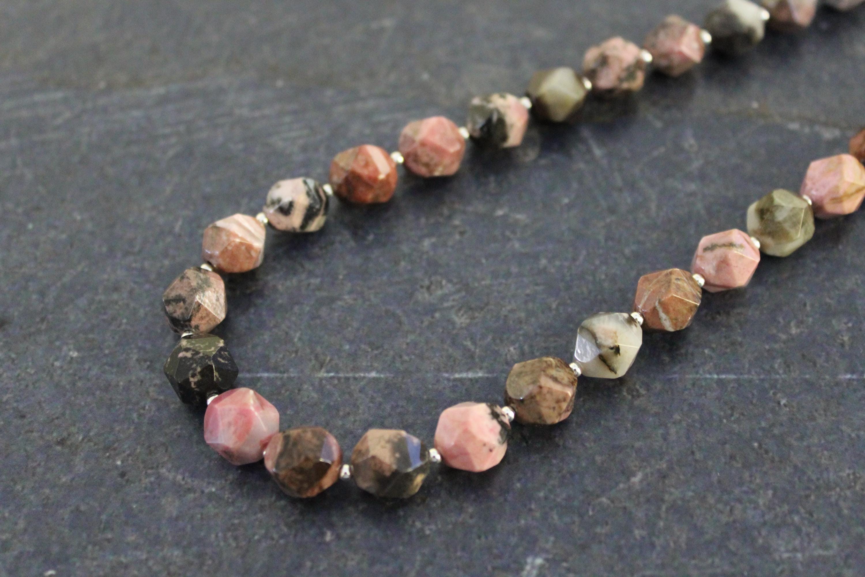 Rhodonite & Sterling Silver Beaded Necklace - Pink Black Matrix
