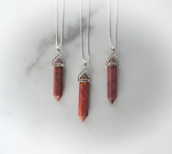Rhodonite Necklace Sterling Silver • Sterling Pink Rhodonite Point • Genuine Gemstone Points  Healing Crystal Necklace Affordable Gift