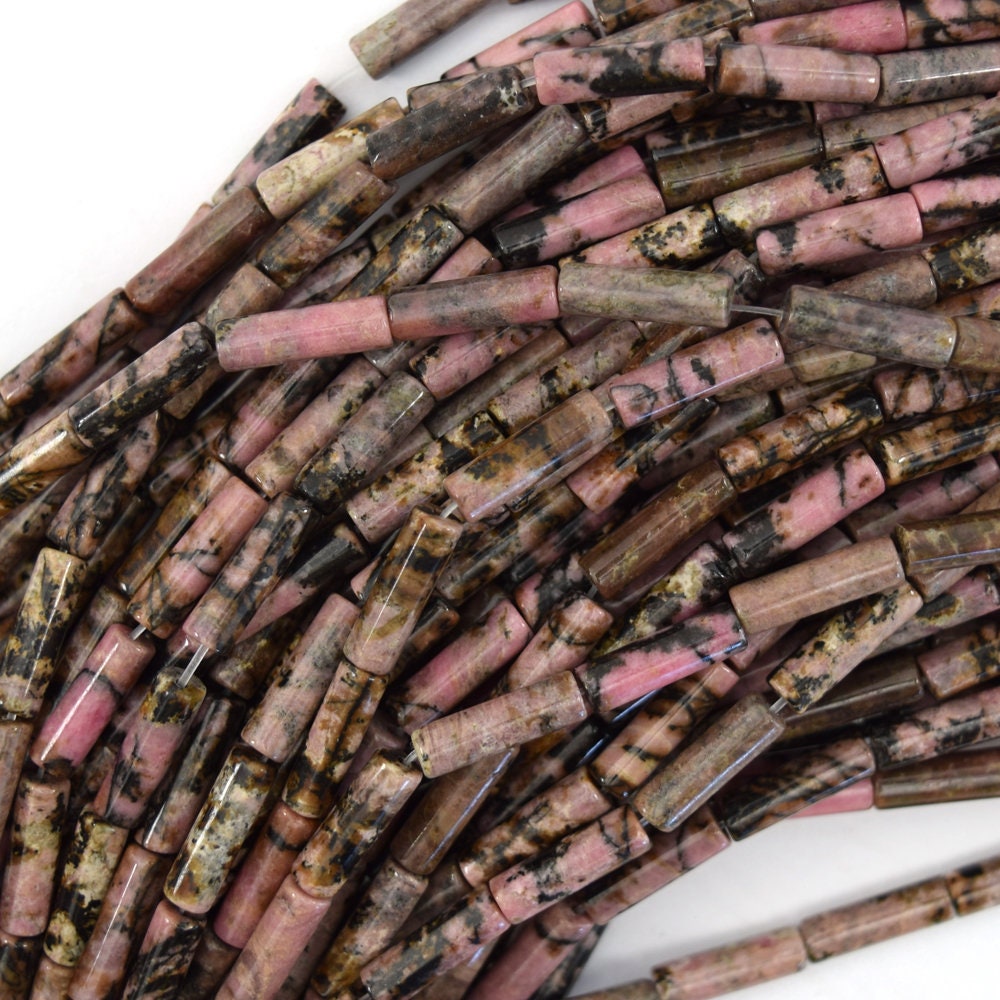 13mm Natural Black Pink Rhodonite Tube Beads 15.5" Strand