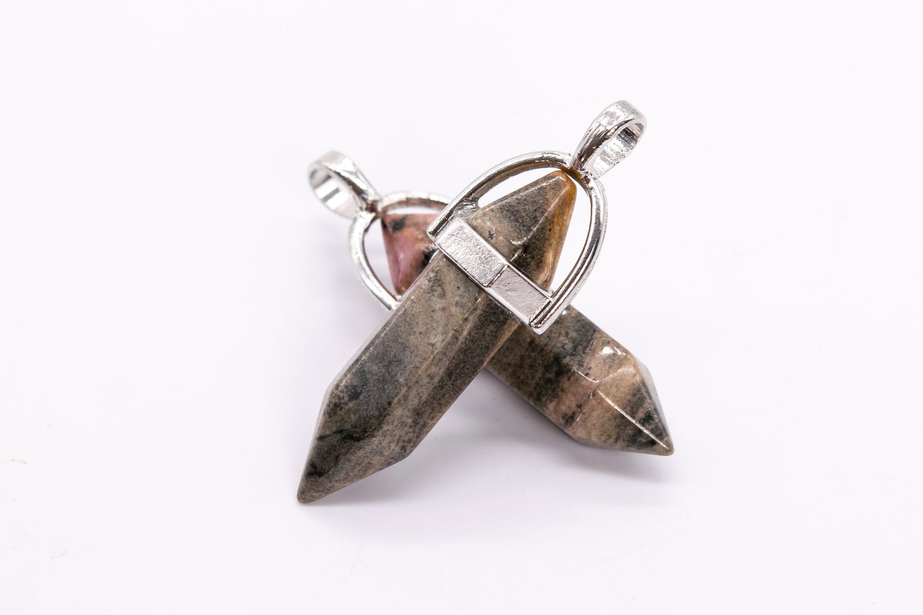 2 Pcs 32x8mm Brown Pink Rhodonite Beads Healing Hexagonal Pointed Grade A Genuine Natural Silver Plated Cap Bulk Lot Options (116723-3589)
