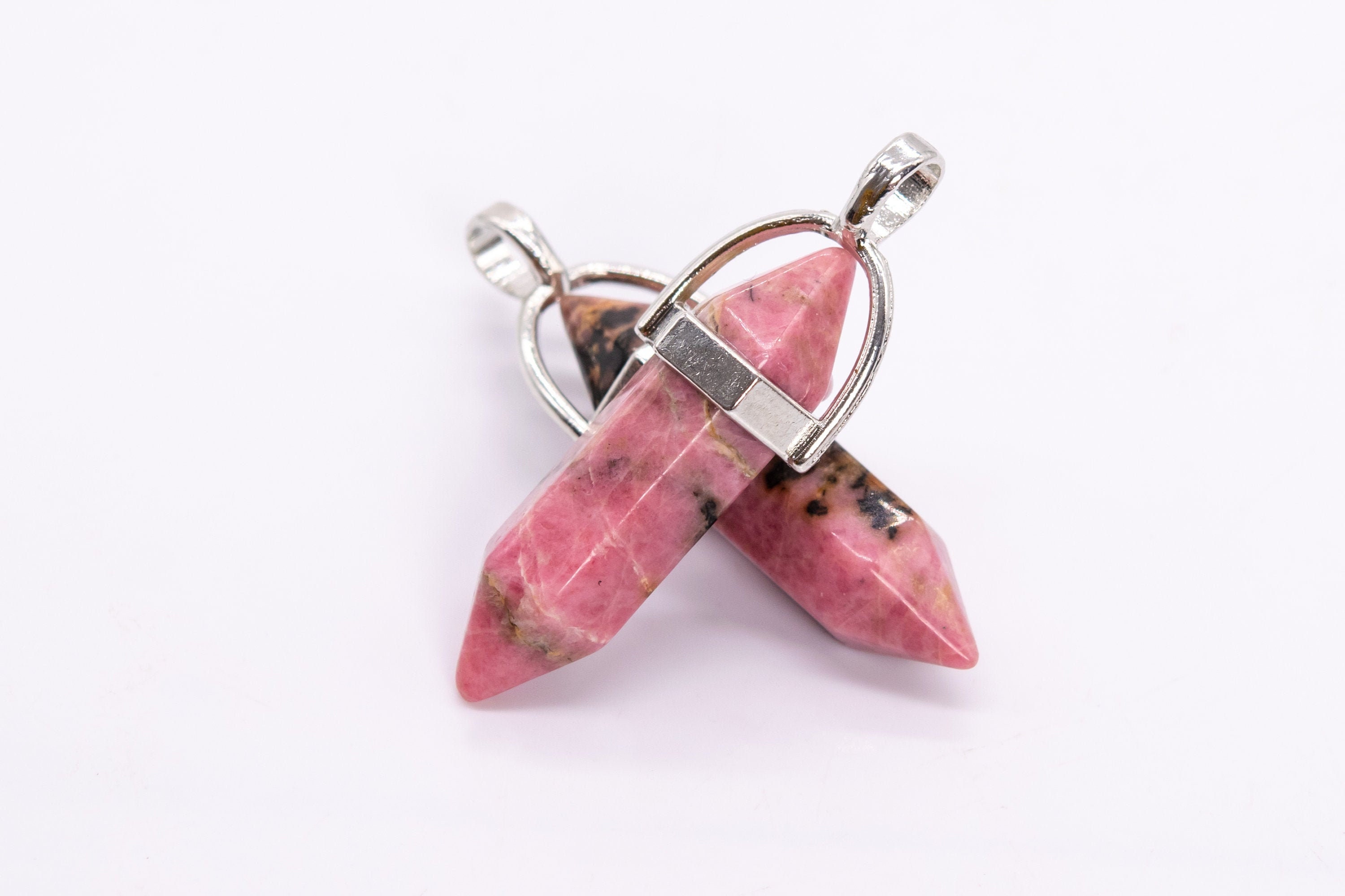 2 Pcs 31x8mm Pink Rhodonite Beads Healing Hexagonal Pointed Grade Aaa Genuine Natural Silver Plated Cap Bulk Lot Options (116722-3589)