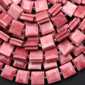 AAA Natural Pink Petrified Rhodonite Smooth Square Beads w/ Grooved Line Around 16" Strand