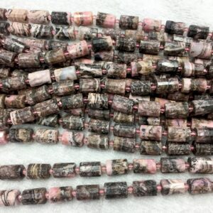 Black Line Rhodonite Beads - Faceted Tube Gemstone Beads - Black Pink Cylinder Beads - Jewelry Making Supplies - Gemstone Beads
