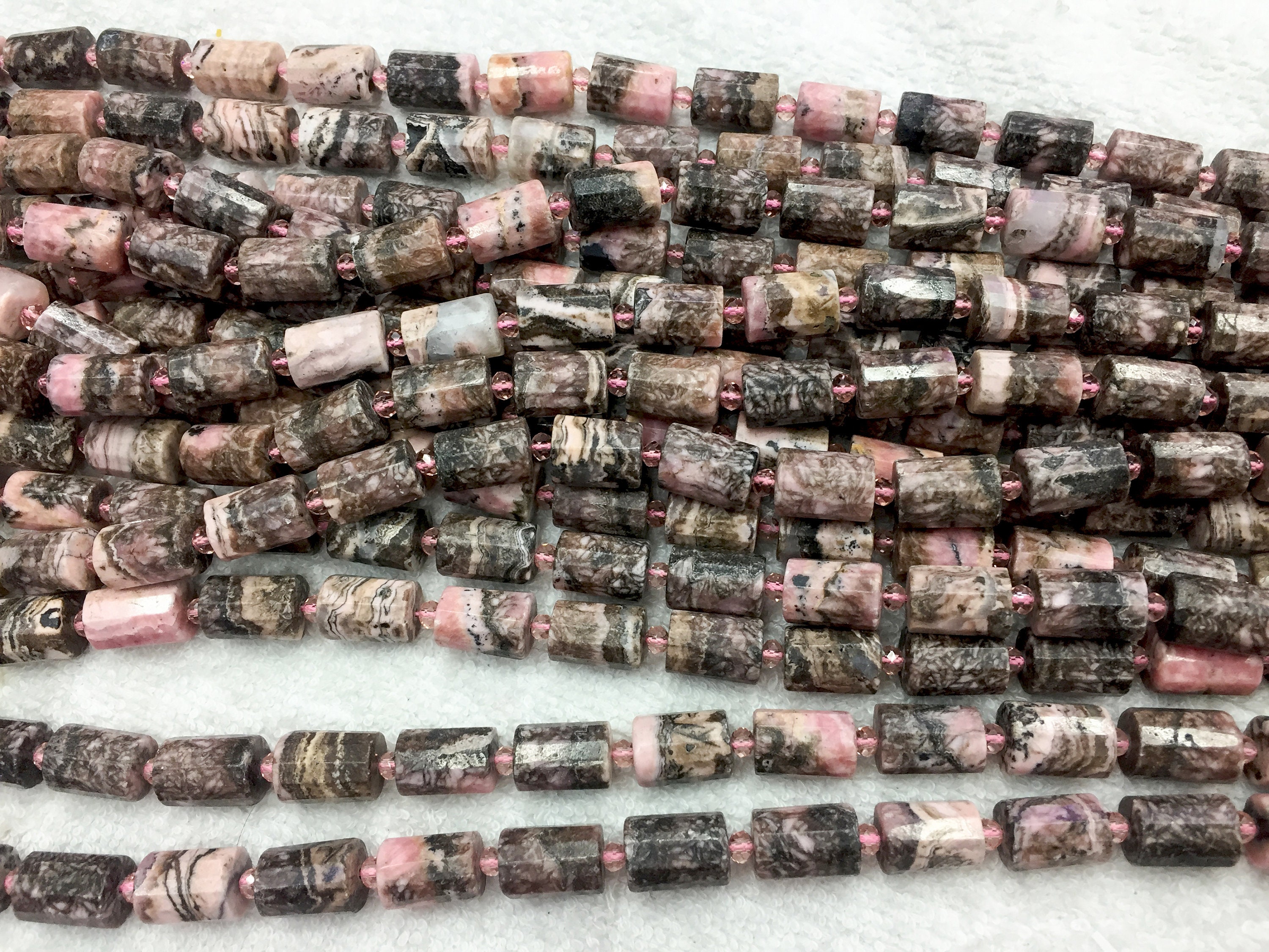 Black Line Rhodonite Beads - Faceted Tube Gemstone Beads - Black Pink Cylinder Beads - Jewelry Making Supplies - Gemstone Beads