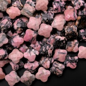 Four Leaf Clover Beads Natural Rhodonite Carved Flower Gemstone 15.5" Strand