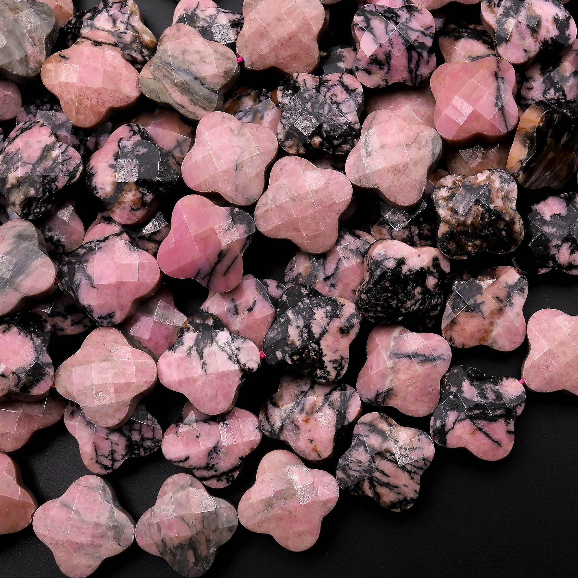 Four Leaf Clover Beads Natural Rhodonite Carved Flower Gemstone 15.5" Strand
