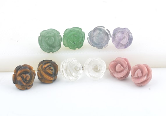 Gemstone Rose Carved Flower Beads - Hand Carved Stone Floral Beads - Crystal Quartz Flower - Pink Rhodonite Rose -8mm-12mm Carved Rose Beads