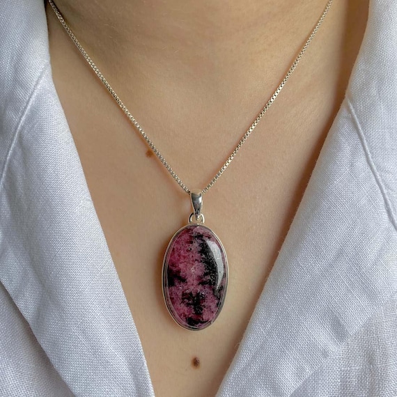 Rhodonite Pendant / 925 Sterling Silver / Healing Gemstone / Gift For Her / Oval Cab / Rhodonite Jewelry / Statement Pendant Rdn-p-14.