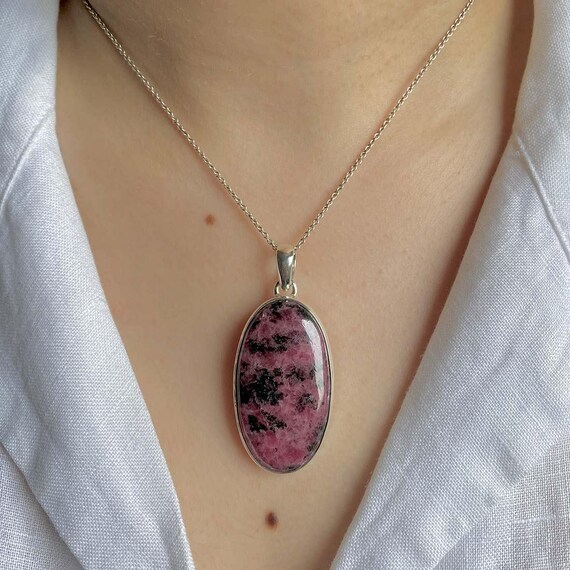 Rhodonite Pendant / 925 Sterling Silver / Healing Gemstone / Gift For Her / Oval Cab / Rhodonite Jewelry / Statement Pendant Rdn-p-23.