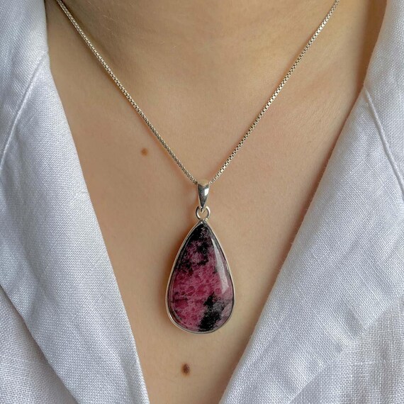 Rhodonite Pendant / 925 Sterling Silver / Healing Gemstone / Gift For Her / Pear Cab / Rhodonite Jewelry / Statement Pendant Rdn-p-16.