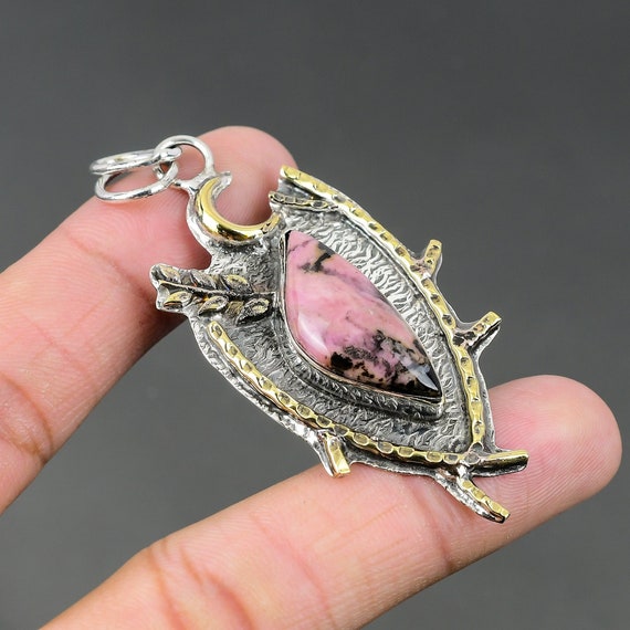 Rhodonite Crescent Moon Pendant: Sterling Silver Gemstone Jewelry
