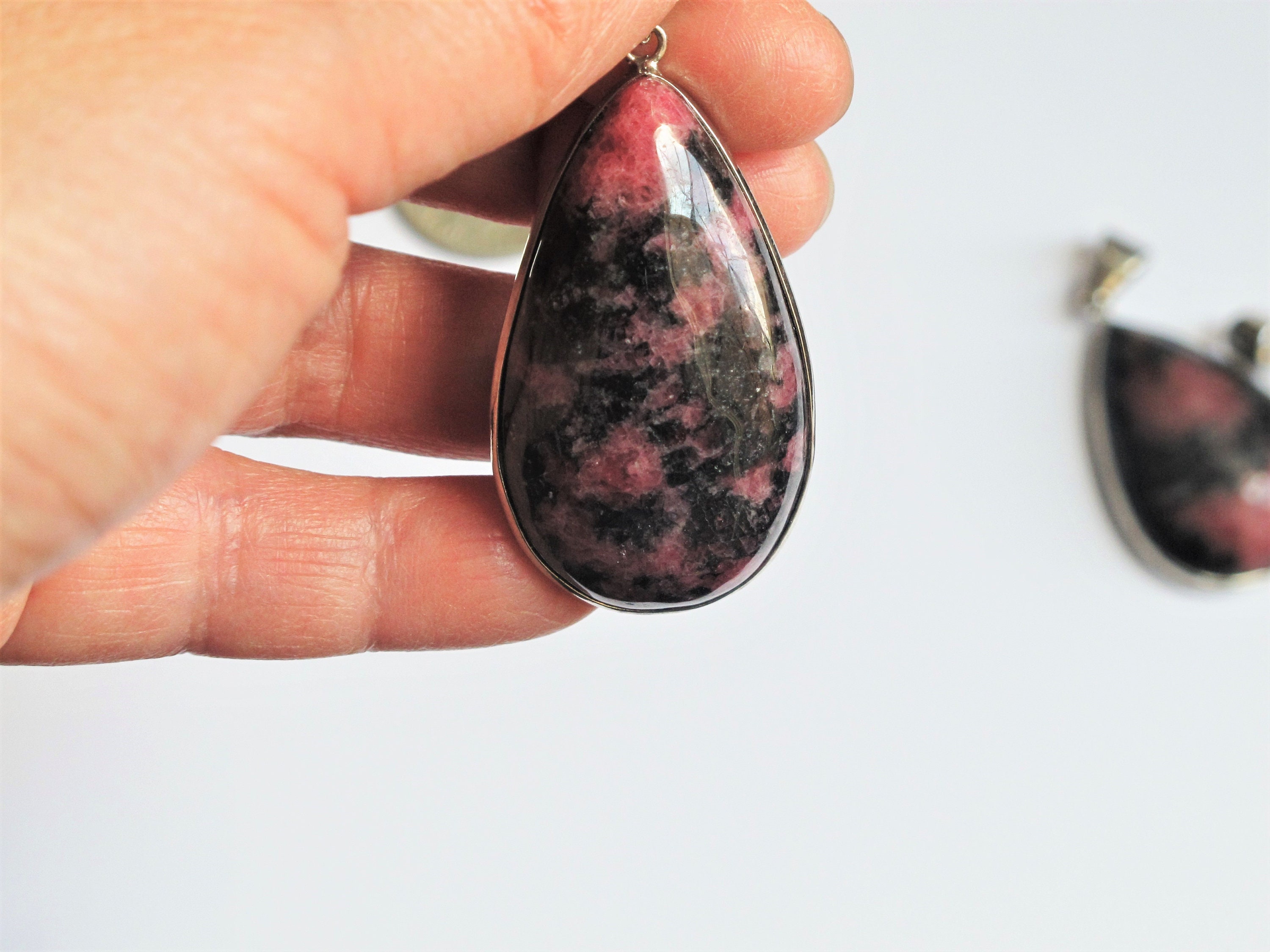 Genuine Rhodonite Pendant 45mm. Rhodonite Jewelry. Natural Rhodonite Gemstone. Teardrop Pendant. Healing Stone