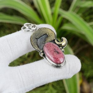Handmade Rhodonite Pendant: 925 Sterling Silver, 18K Gold Plated Handmade Rhodonite Pendant: 925 Sterling Silver, 18K Gold Plated