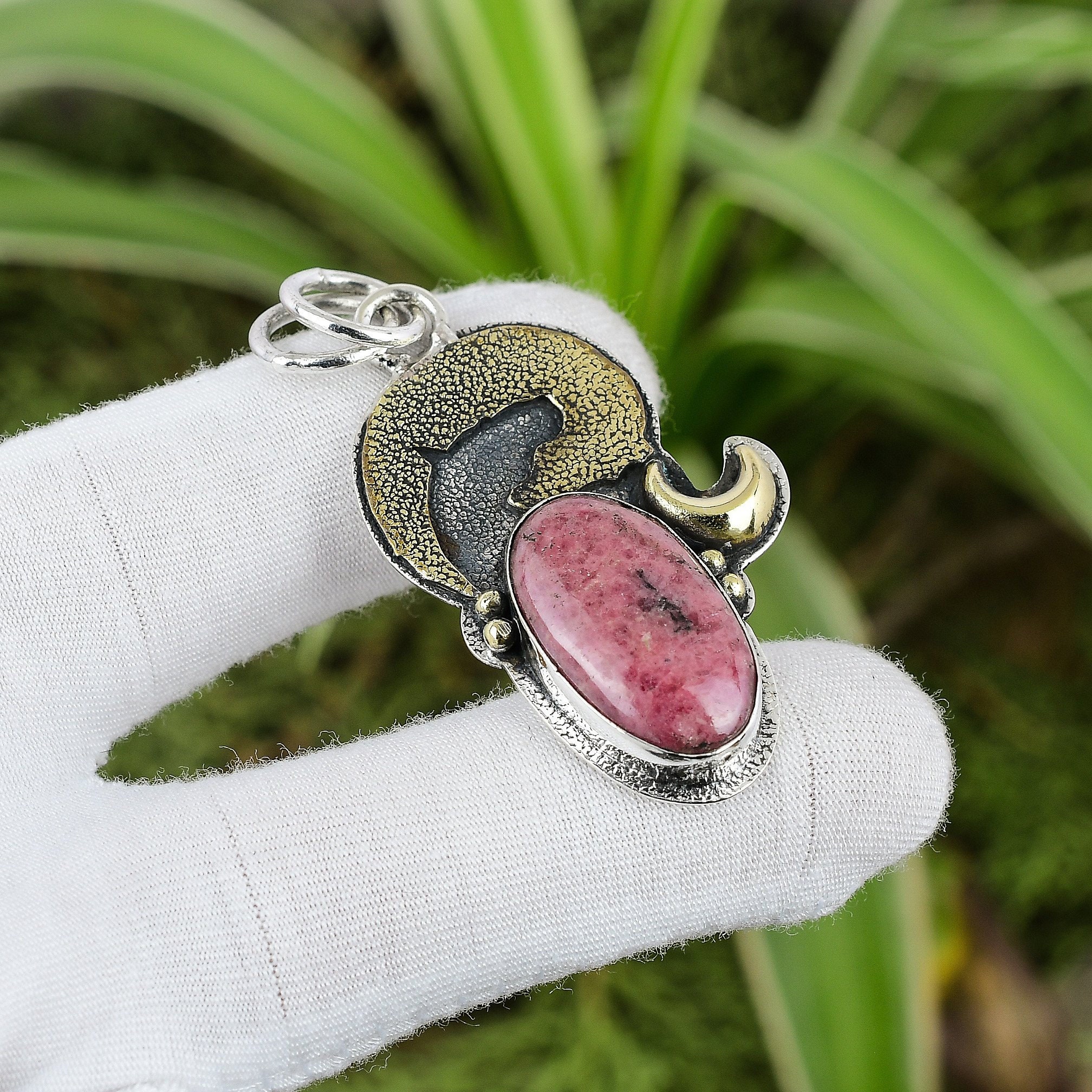 Handmade Rhodonite Pendant: 925 Sterling Silver, 18k Gold Plated