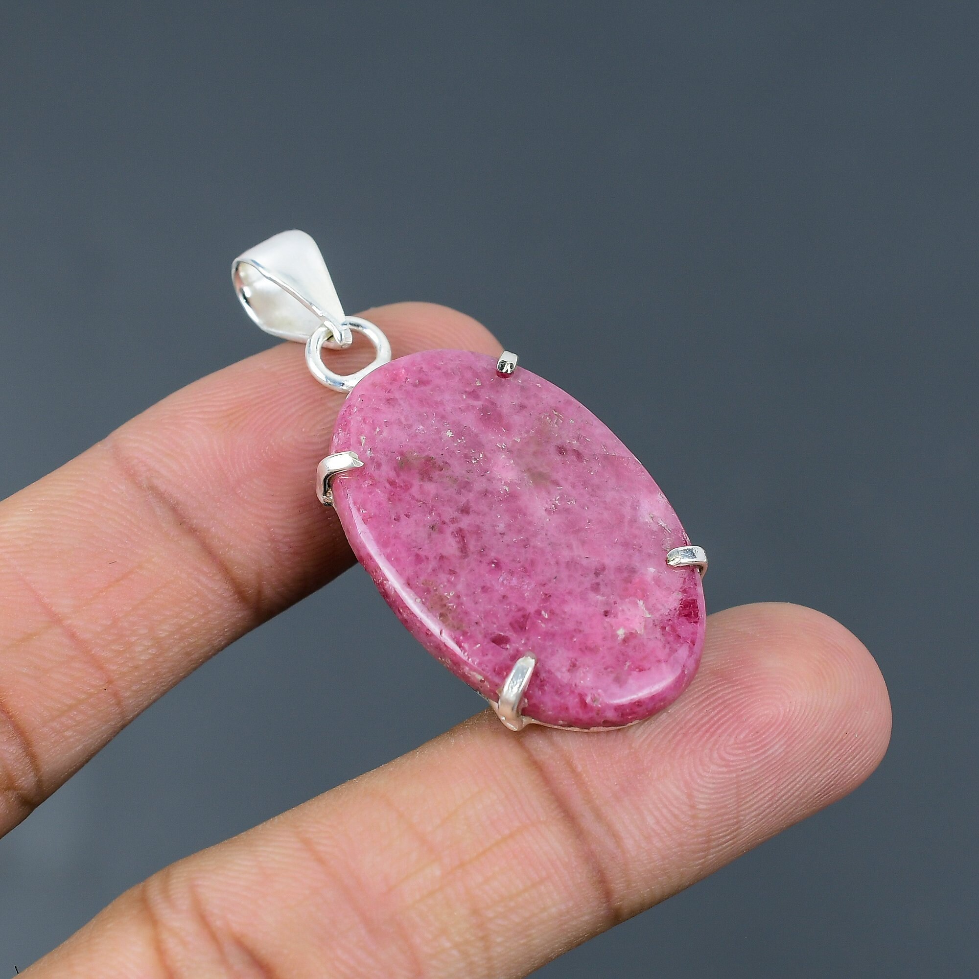 Handmade Rhodonite Pendant: 925 Sterling Silver Boho Jewelry