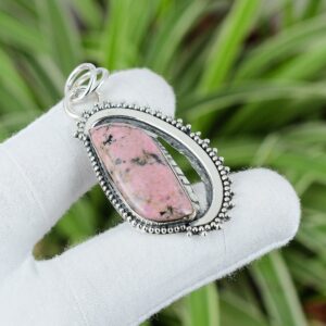Handmade Rhodonite Pendant: 925 Sterling Silver Leaf Gemstone Handmade Rhodonite Pendant: 925 Sterling Silver Leaf Gemstone
