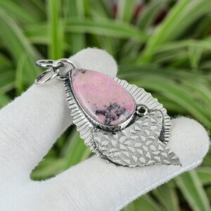 Handmade Rhodonite Pendant: 925 Sterling Silver Pear Gemstone Handmade Rhodonite Pendant: 925 Sterling Silver Pear Gemstone
