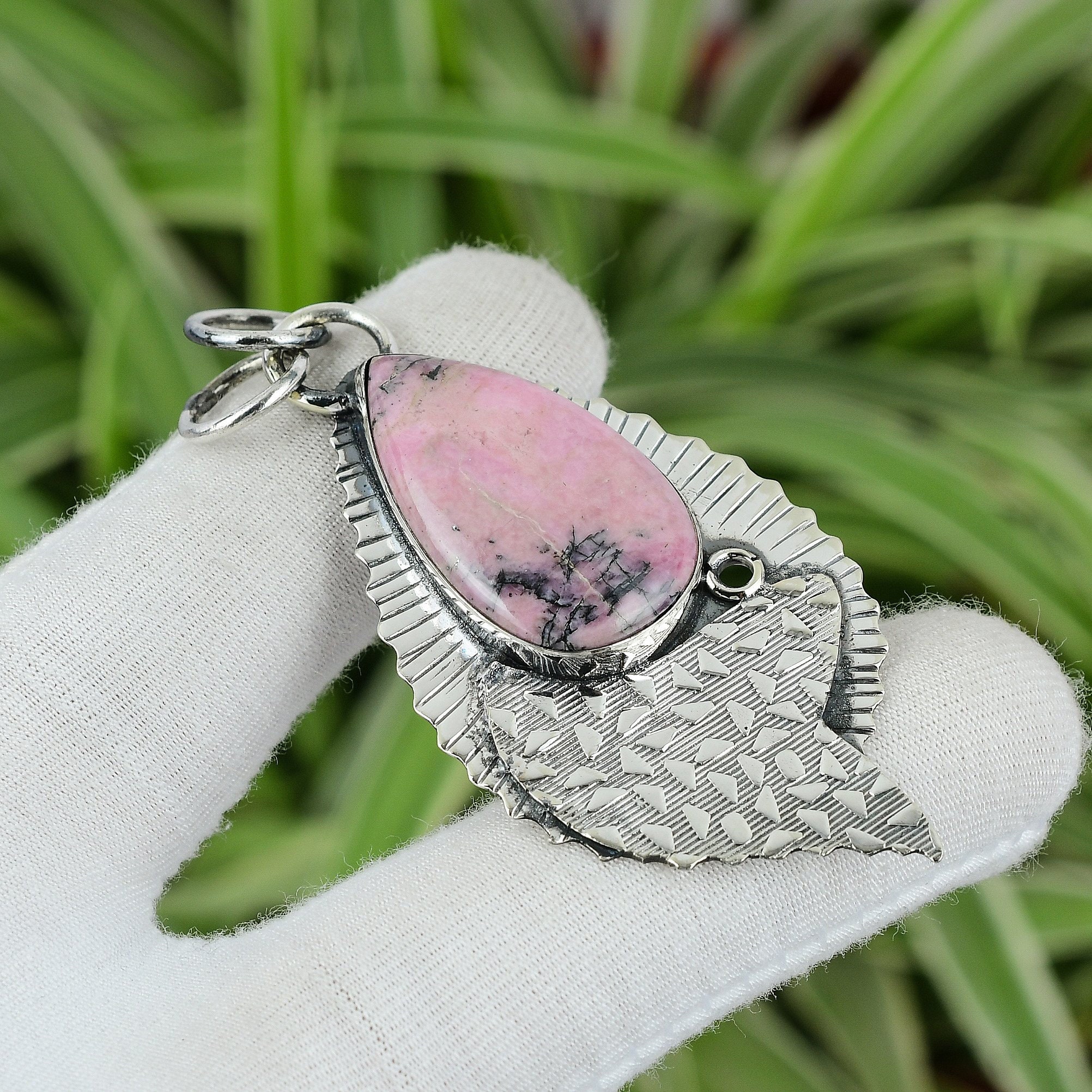 Handmade Rhodonite Pendant: 925 Sterling Silver Pear Gemstone