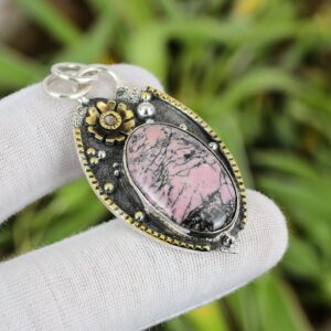 Handmade Rhodonite Pendant: 925 Sterling Silver, 18K Gold Plated Handmade Rhodonite Pendant: 925 Sterling Silver, 18K Gold Plated