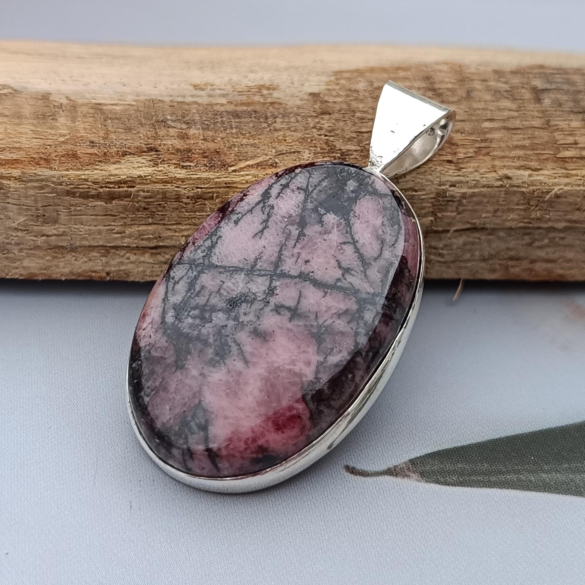 Handmade Rhodonite 925 Sterling Silver Pendant: Boho Charm Jewelry