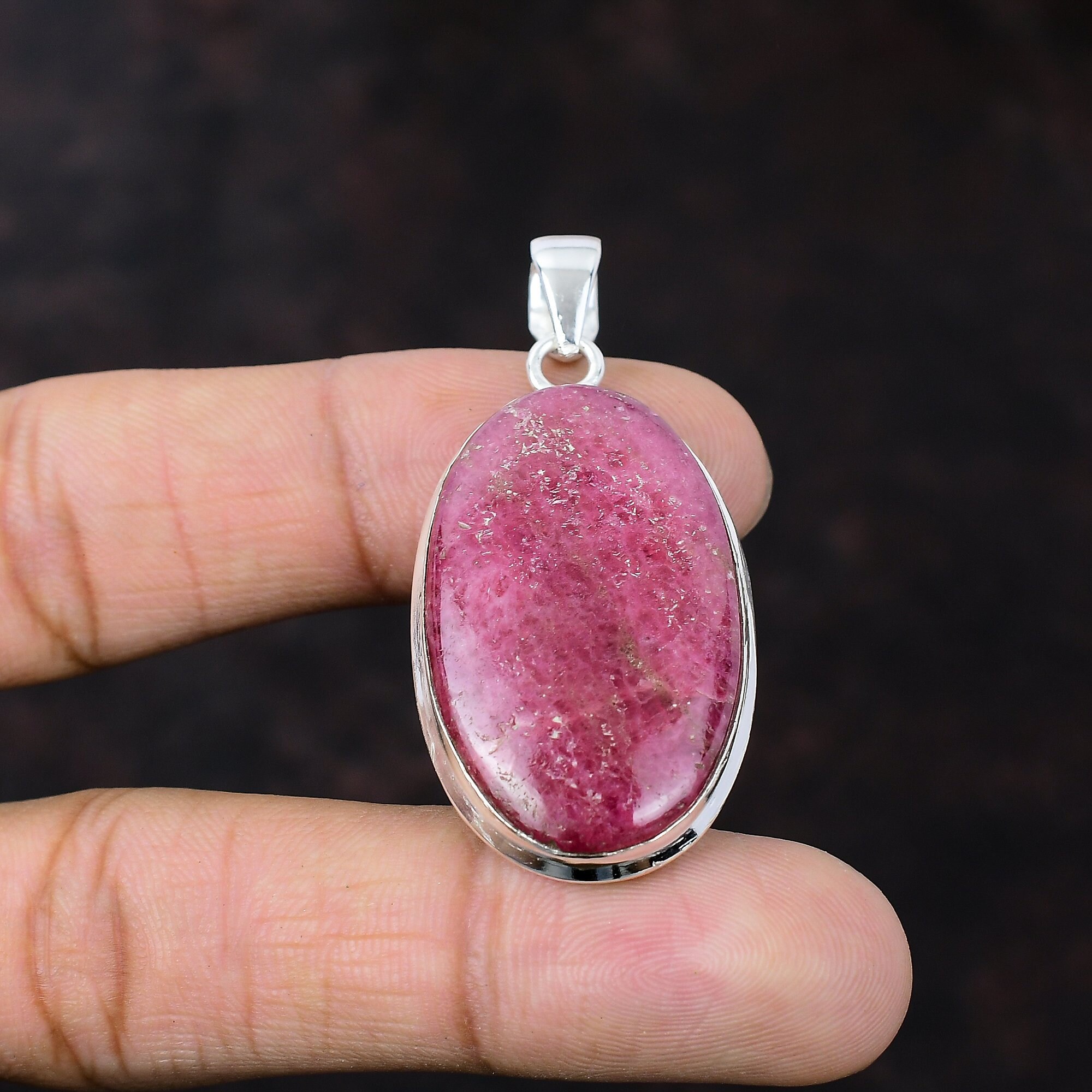 Handmade Rhodonite 925 Sterling Silver Pendant: Elegant Gemstone Jewelry