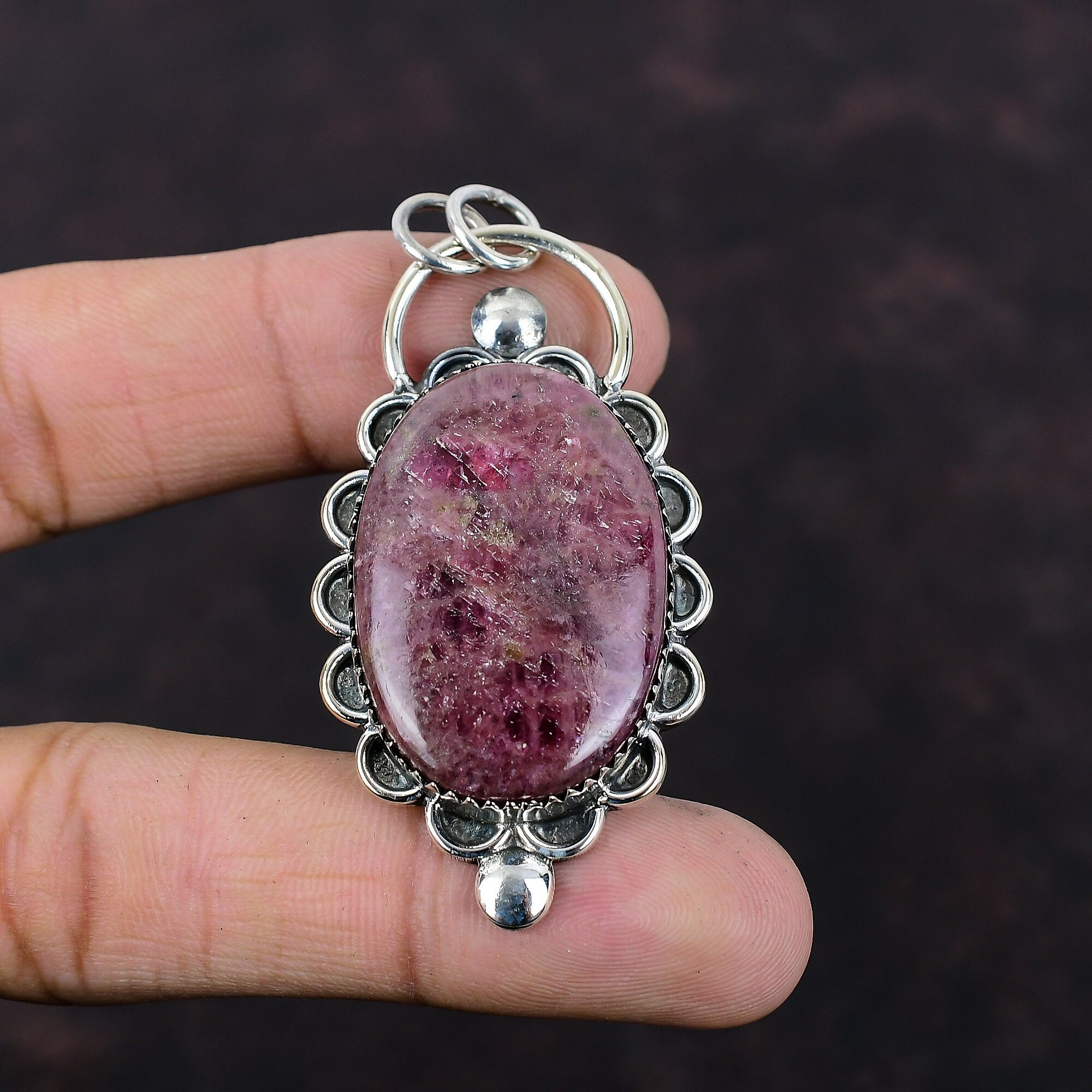 Handmade Rhodonite Pendant: 925 Sterling Silver Boho Jewelry