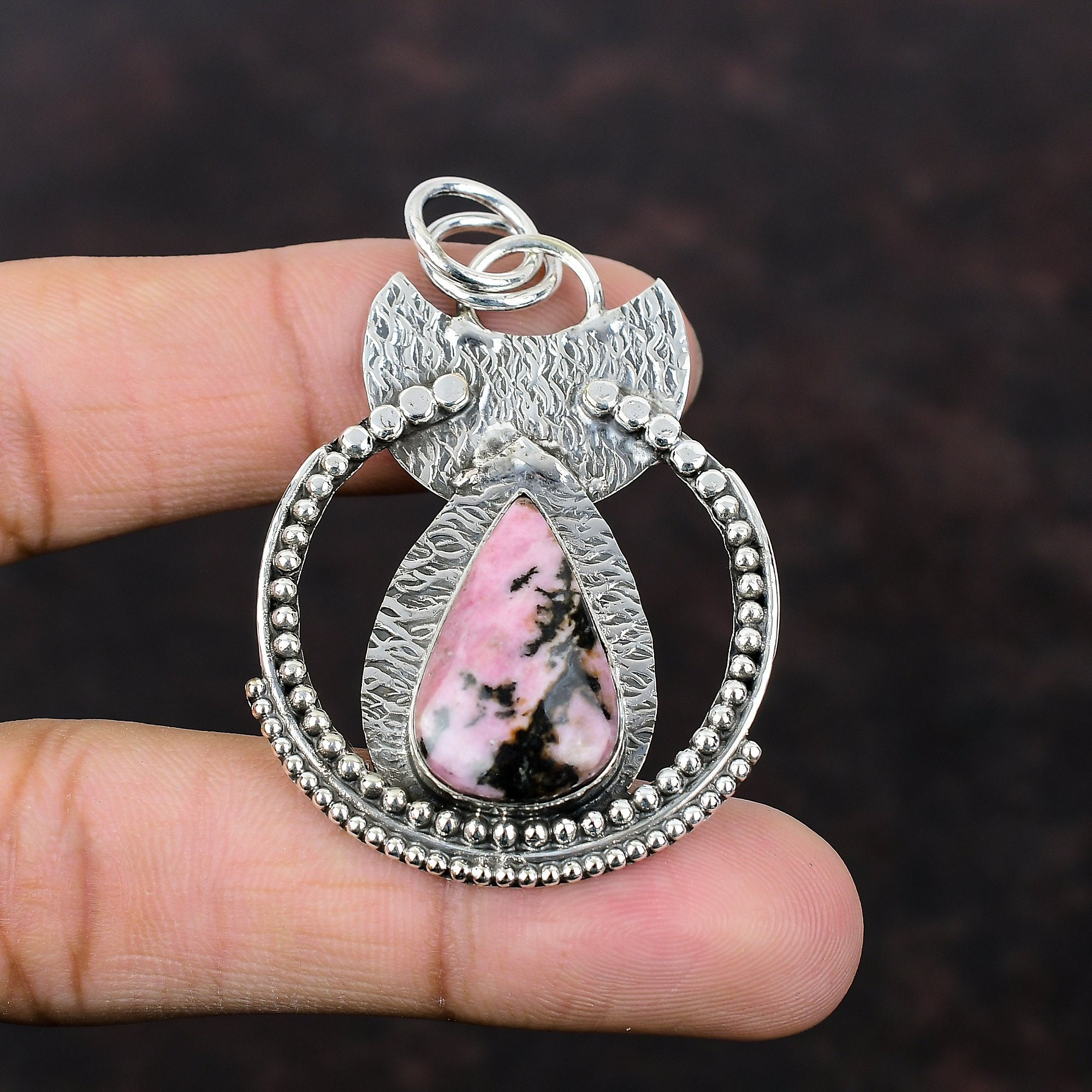 Handmade Rhodonite Pendant: 925 Sterling Silver Boho Jewelry