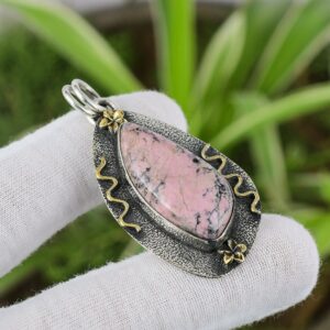 Handmade Rhodonite 925 Sterling Silver Pendant: Oval Gemstone Jewelry Handmade Rhodonite 925 Sterling Silver Pendant: Oval Gemstone Jewelry