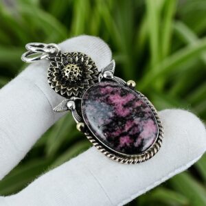 Handmade Rhodonite Pendant: 925 Sterling Silver, 18K Gold Plated Handmade Rhodonite Pendant: 925 Sterling Silver, 18K Gold Plated