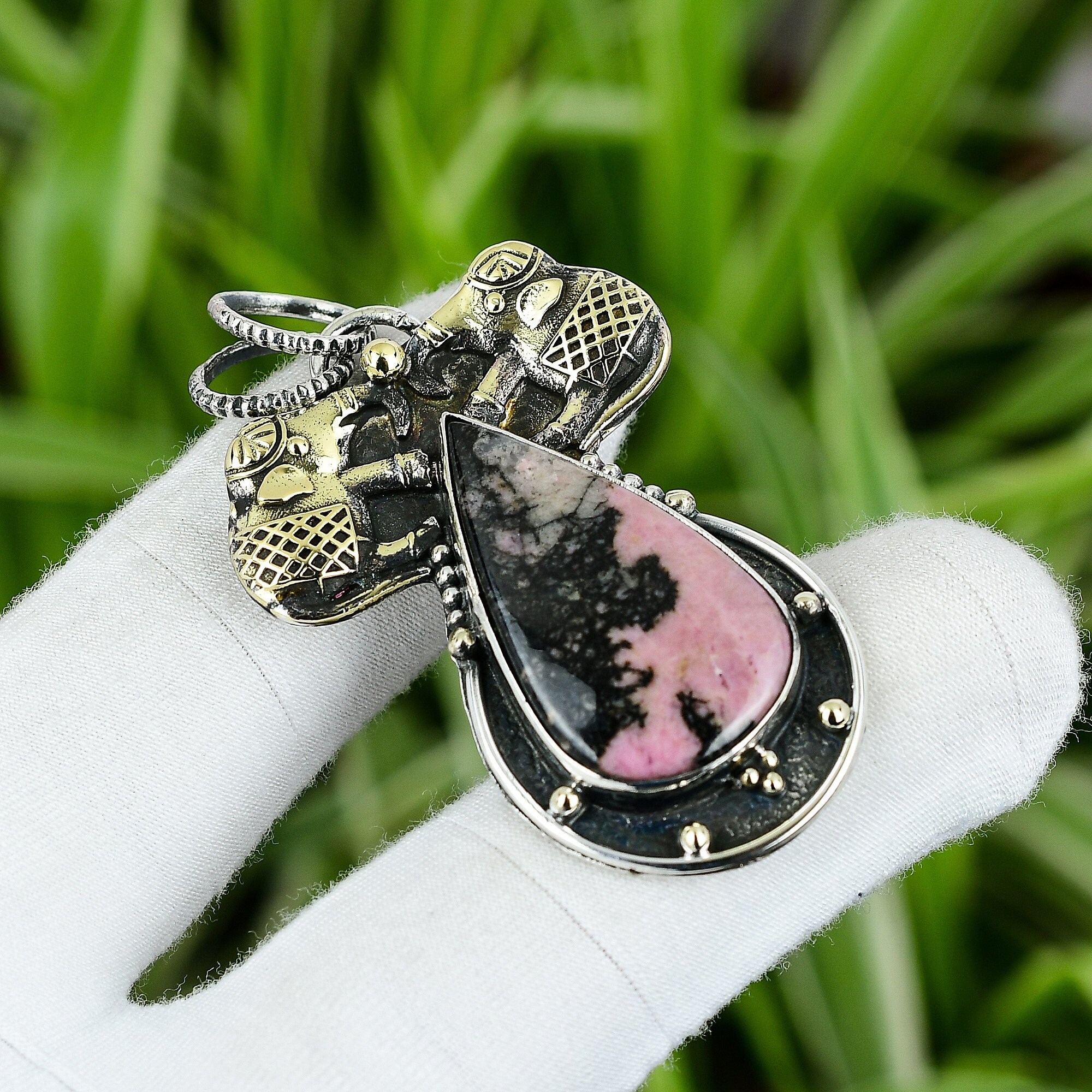 Handmade Rhodonite Pendant: 925 Sterling Silver, 18k Gold Plated