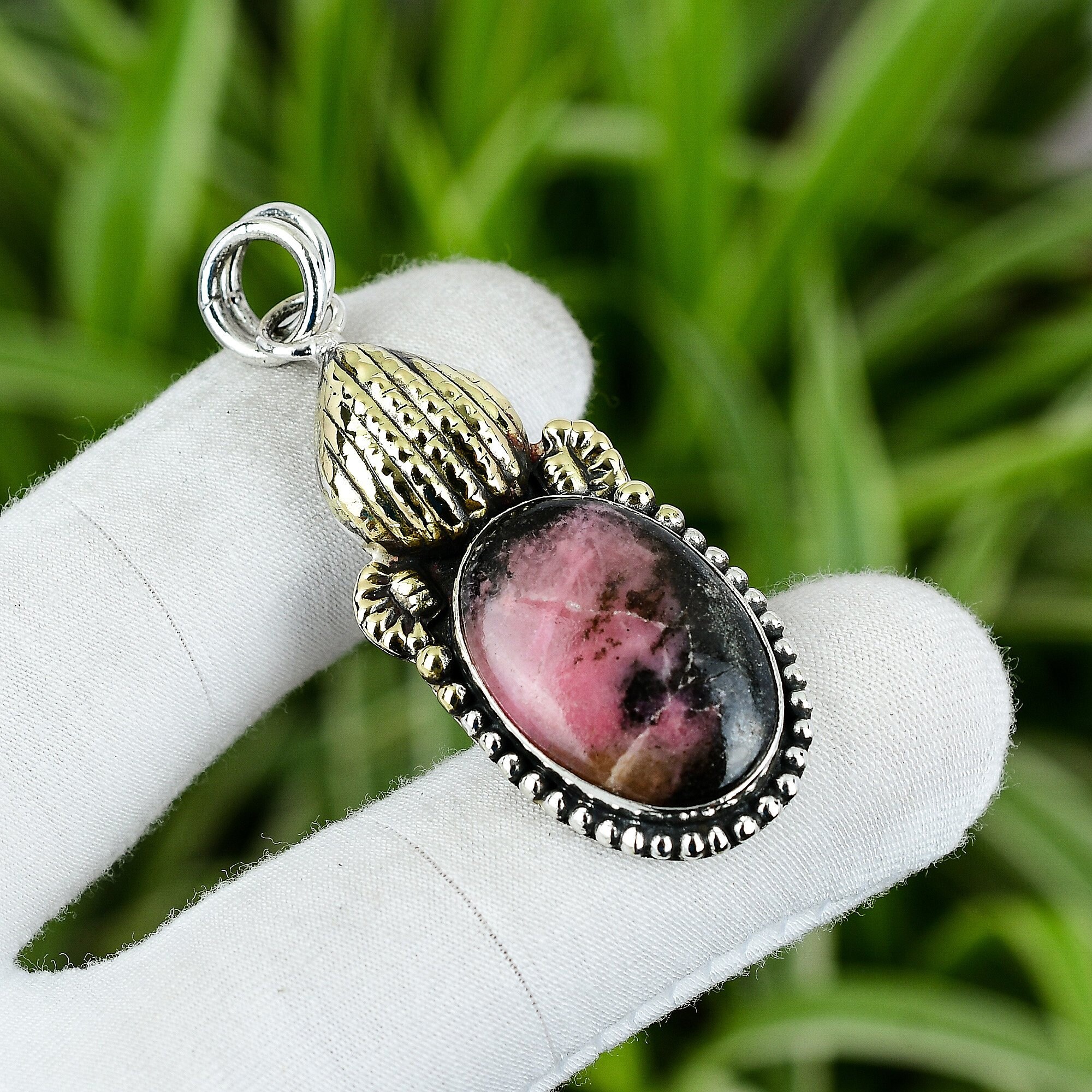 Handmade Rhodonite Pendant: 925 Sterling Silver, 18k Gold Plated