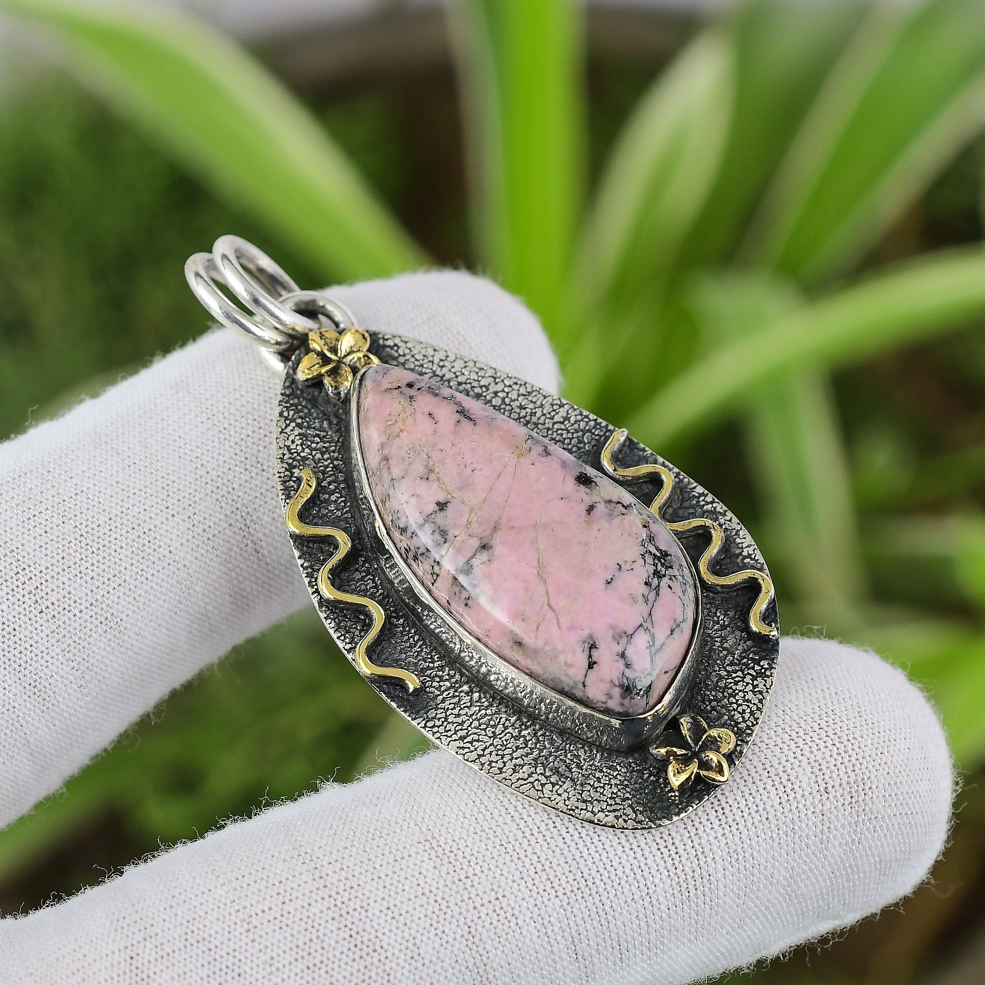 Handmade Rhodonite 925 Sterling Silver Pendant: Oval Gemstone Jewelry