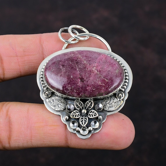 Handmade Rhodonite Flower Pendant: 925 Sterling Silver Gemstone Jewelry