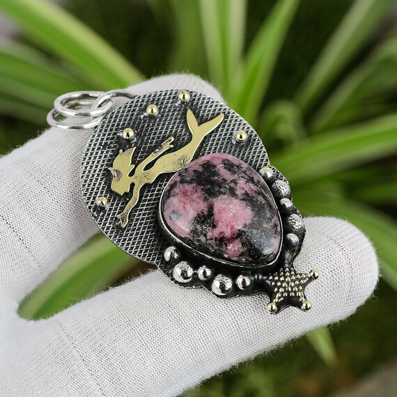 Handmade Rhodonite Mermaid Pendant: 925 Sterling Silver, 18k Gold Plated