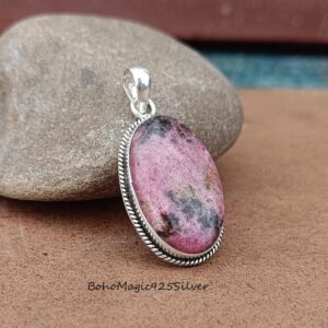 Handmade Rhodonite Pendant Necklace: 925 Sterling Silver Gemstone Charm Handmade Rhodonite Pendant Necklace: 925 Sterling Silver Gemstone Charm
