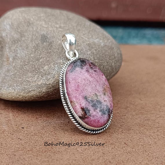Handmade Rhodonite Pendant Necklace: 925 Sterling Silver Gemstone Charm