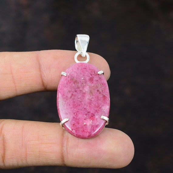 Handmade Rhodonite Pendant: Oval Gemstone, 925 Sterling Silver