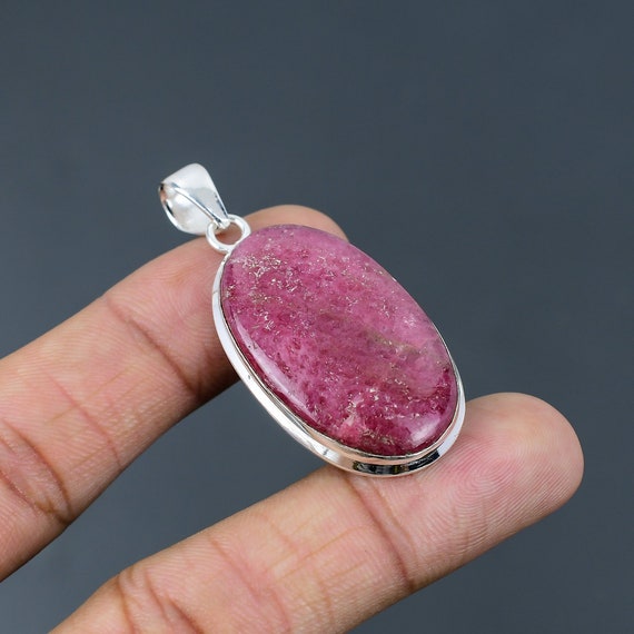 Handmade Rhodonite Pendant: Oval Gemstone, 925 Sterling Silver