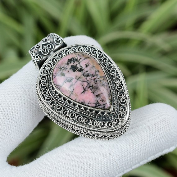 Handmade Rhodonite Pear Pendant: 925 Sterling Silver Statement Jewelry