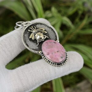 Handmade Rhodonite Pendant: Sterling Silver Flower Jewelry Handmade Rhodonite Pendant: Sterling Silver Flower Jewelry