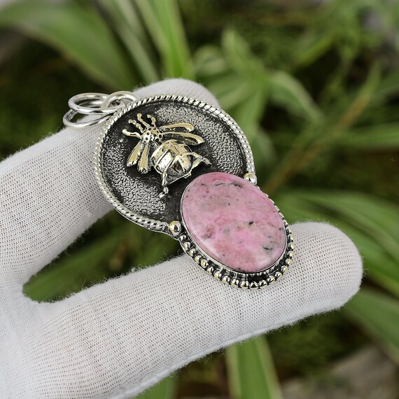 Handmade Rhodonite Pendant: Sterling Silver Flower Jewelry