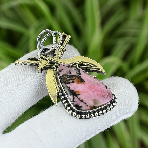 Handmade Rhodonite Sword Pendant: 925 Sterling Silver, 18k Gold Plated